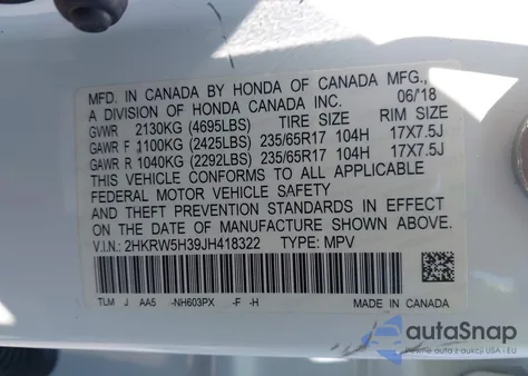 2018 Honda Cr-V Lx from USA, damaged, VIN 2HKRW5H39JH418322